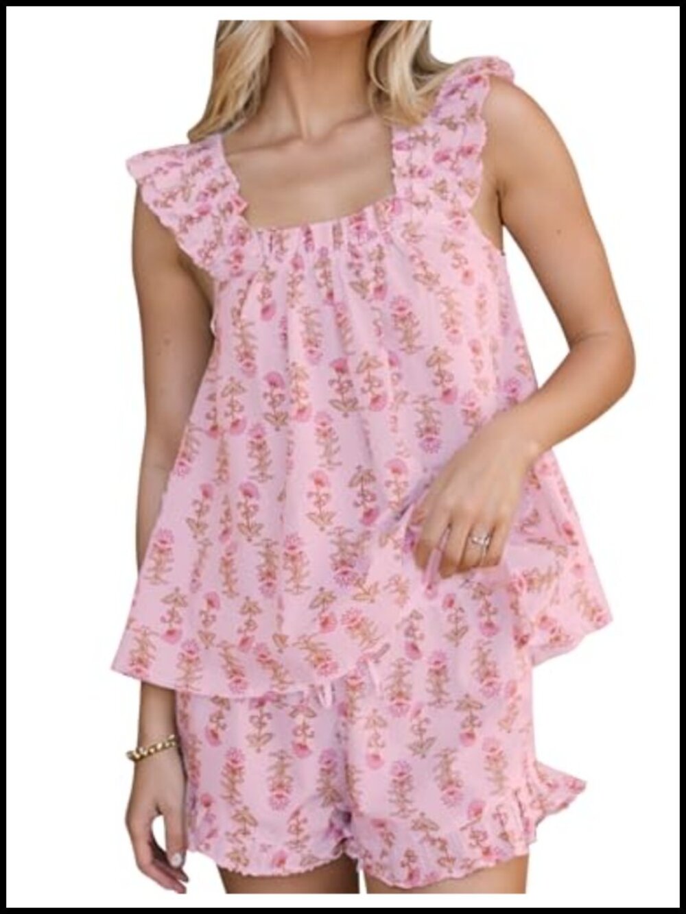 Womens Ruffle Pajama Set 100% Cotton Floral Cami Shorts Summer Sleepwear